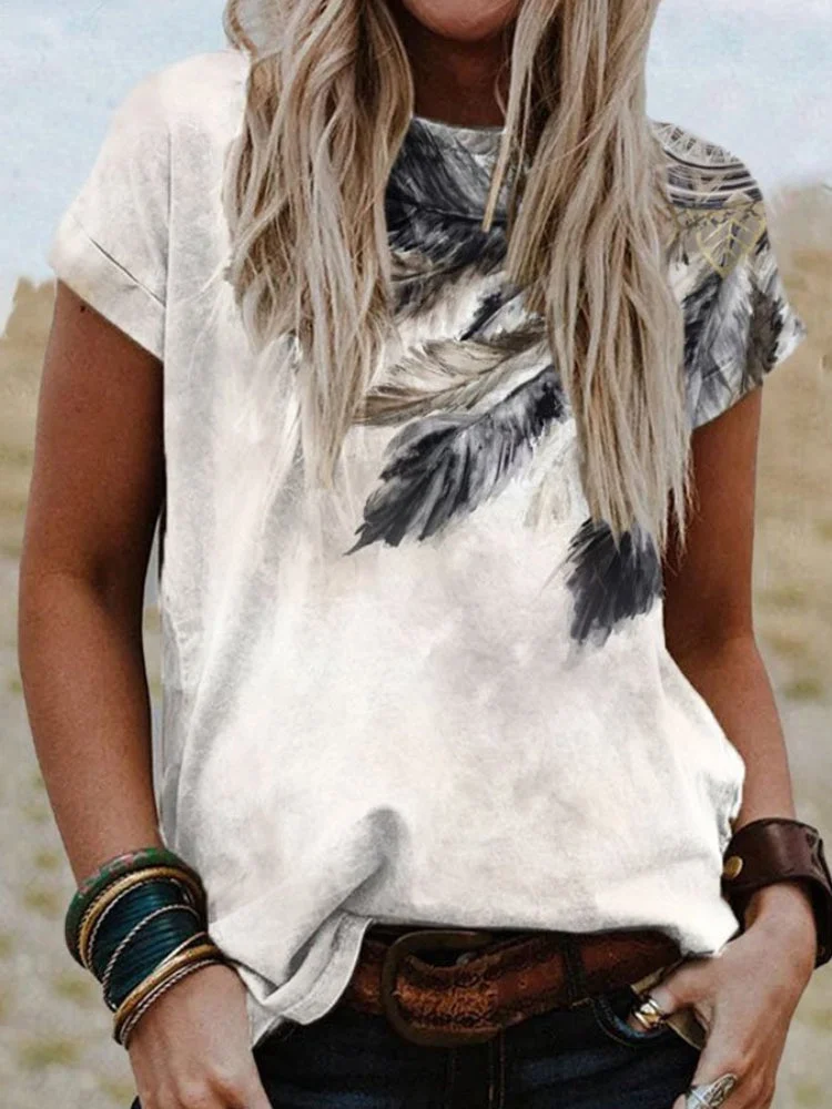 VChics Western Feather Print Short Sleeve T Shirt