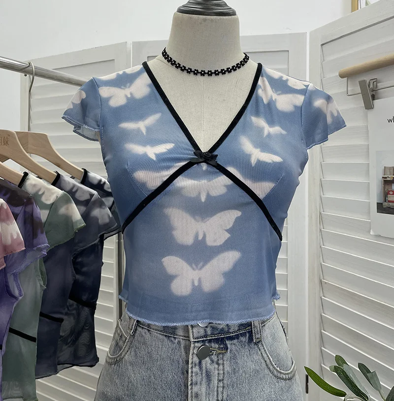 Uveng Sexy Hottie V-Neck Butterfly Print Short-Sleeved T-Shirt Slime Short-Navel Net T-Shirt Girl 9920