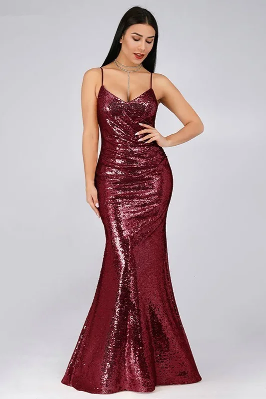 Chic Spaghetti-Straps Sequins Long Mermaid Evening Prom Dress Online - lulusllly