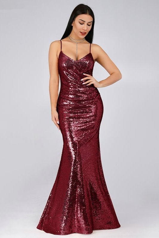 Chic Spaghetti-Straps Sequins Long Mermaid Evening Prom Dress Online - lulusllly