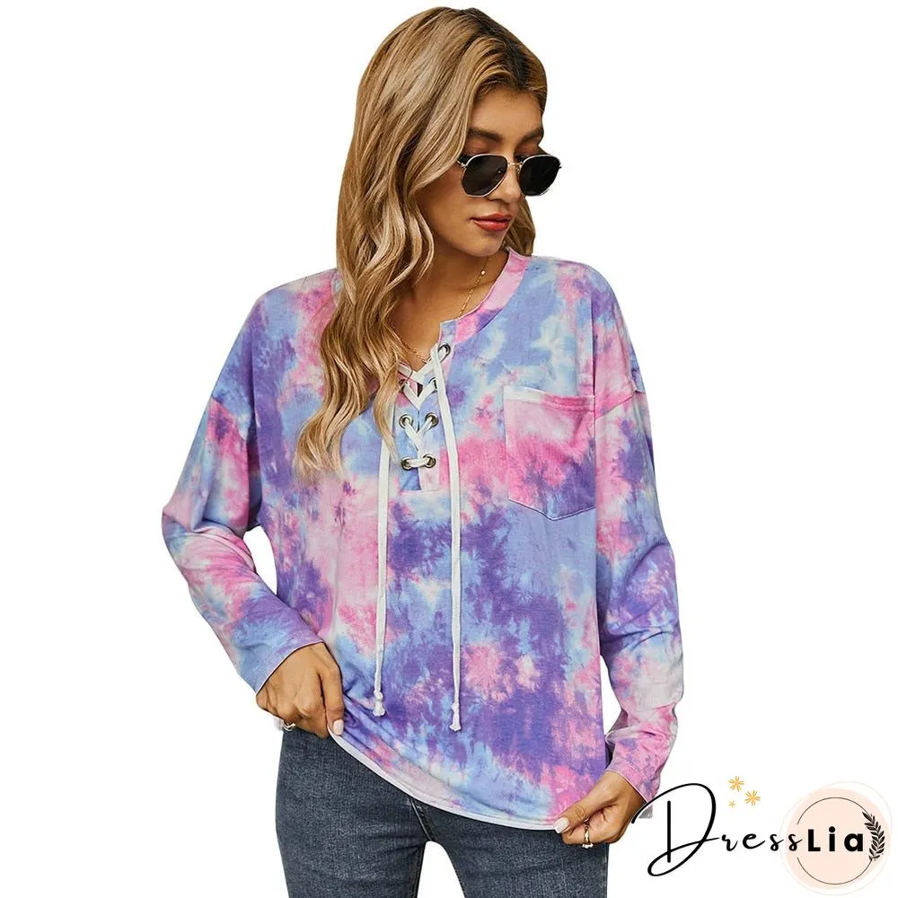 Sale Women Tie Dye PrintT-shirt Long Sleeved Loose Top For Autumn Cross Bandage Casual