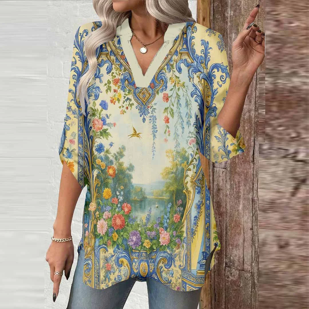 Women Retro, Paisley, Yellow DZGA0177 3/4 Sleeve V-neck Printed Graphic Button Tops