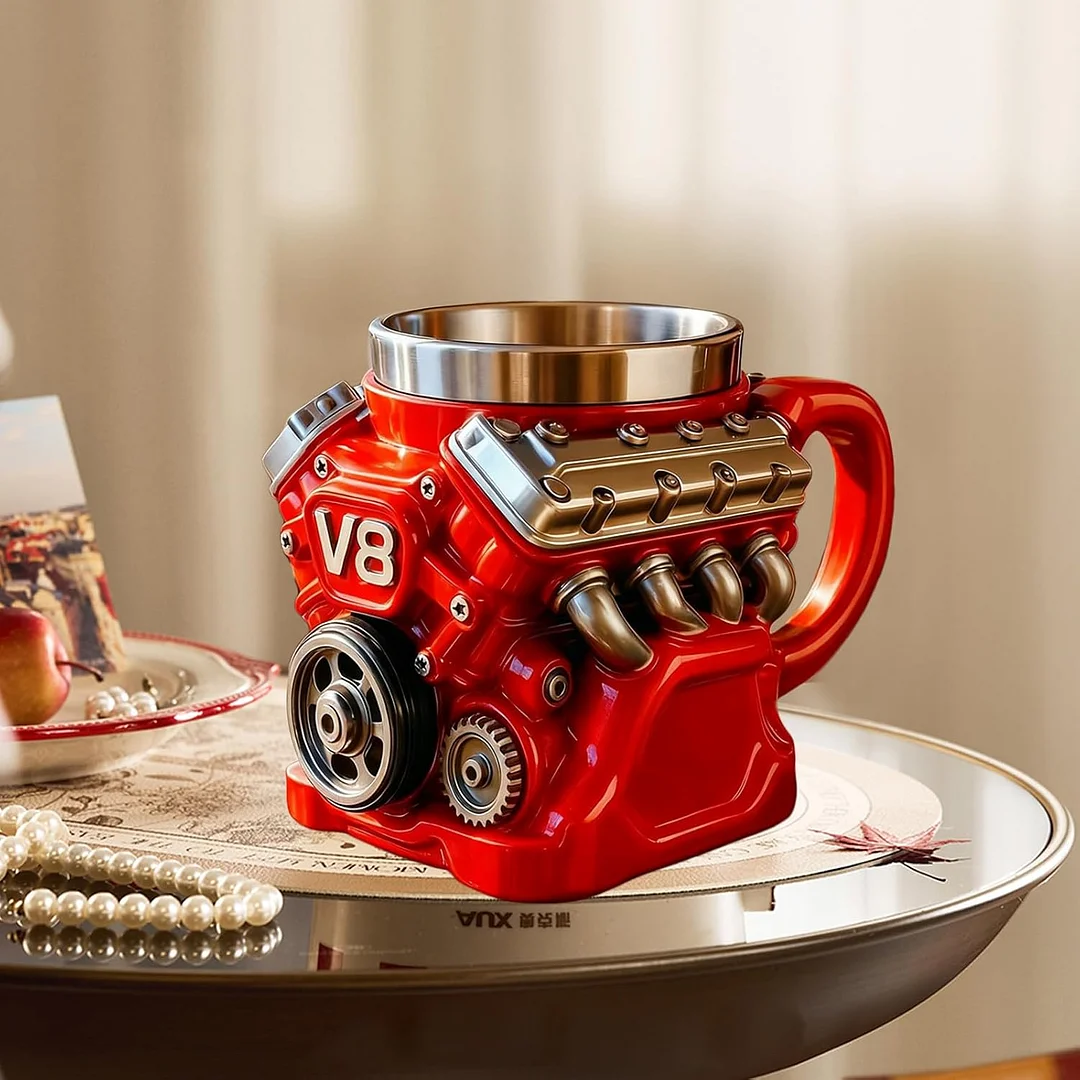 V8 engine-shaped coffee mug, retro style, made of stainless steel, customizable, double-walled design, insulated for car use, with handle, the perfect gift for Father's Day, Christmas, or for your husband or boyfriend (red, 1 piece).