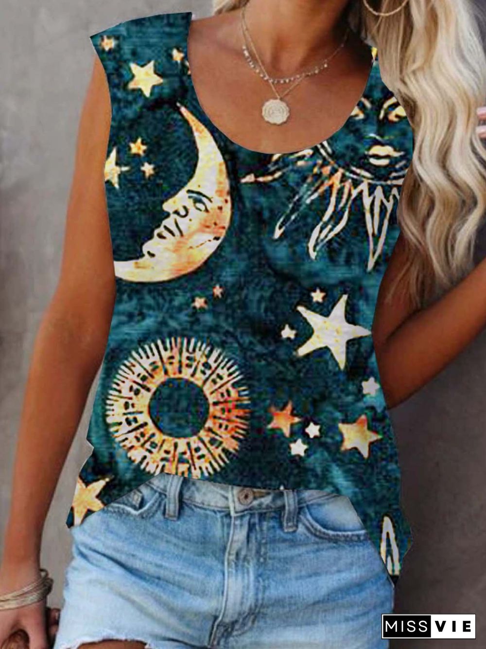 Graphic Sleeveless Printed Cotton-blend Crew Neck Vintage Summer Blue Top