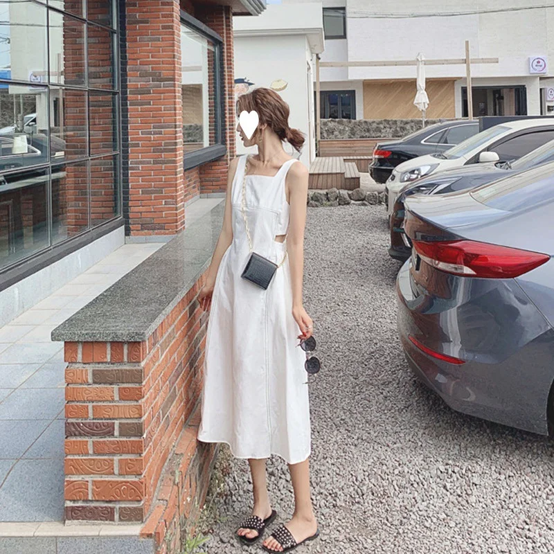 Ueong Strap Dress Summer Dress 2023 New Sexy Back Temperament Waist Show Thin Black Strap Skirt Female