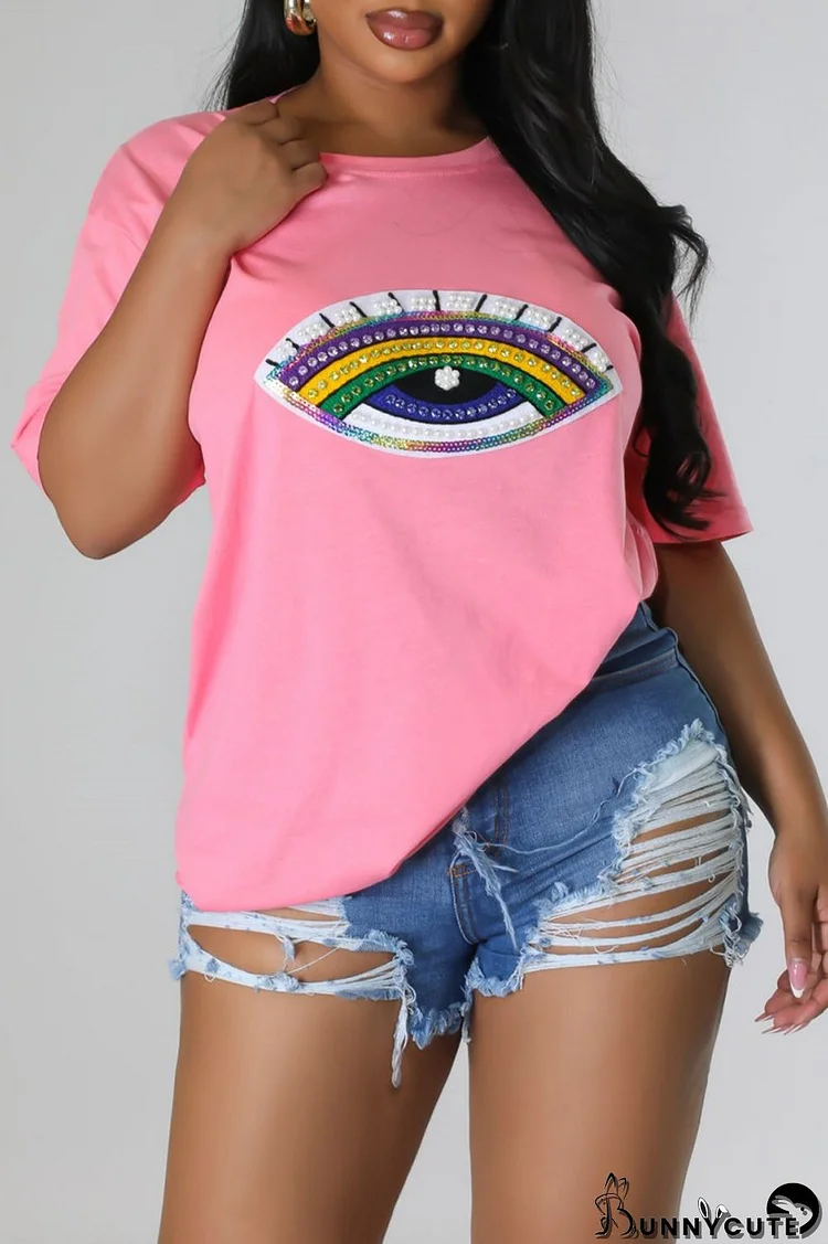 Pink Casual Patchwork Basic O Neck T-Shirts