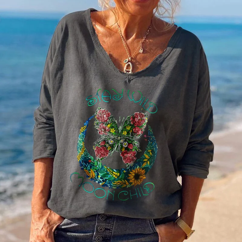 Stay Wild Moon Child Butterfly Floral Print Long-sleeve Tee