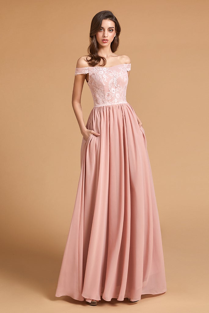 Oknass Dusty Rose Chic Off-the-Shoulder Lace Cheap Bridesmaid Dresses With Pockets