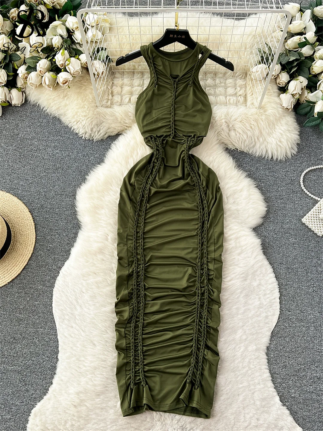 Huibahe Trend Harajuku Style Long Dress Women Ruched Lace Up Cross Bandage Design Sleeveless New Summer Casual Slim Sexy Dress