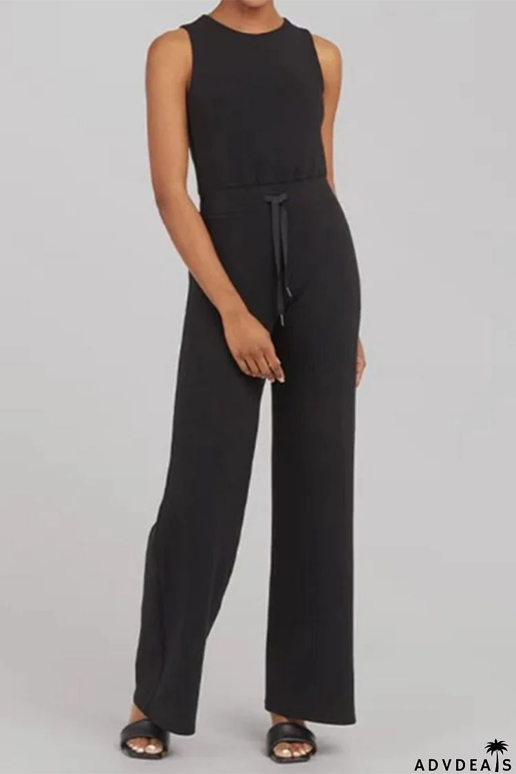 Casual Daily Solid Frenulum Buttons O Neck Loose Jumpsuits