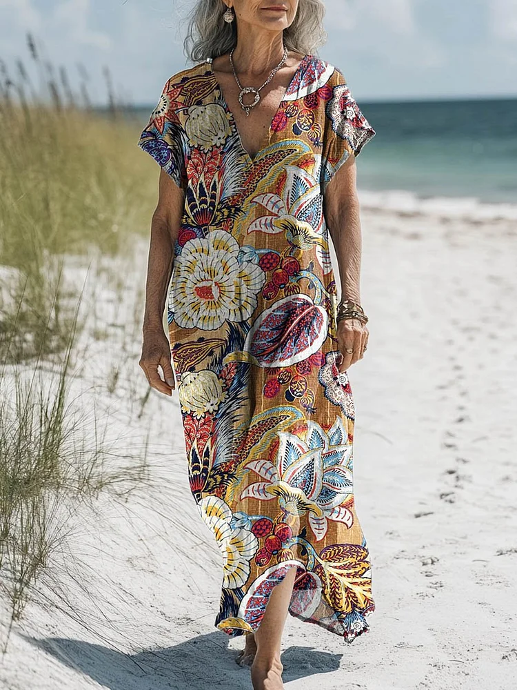 Women's Vintage Lovely Floral Art Print Pocket Cotton Dress