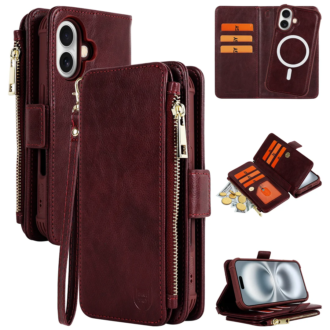 VANAVAGY Compatible for iPhone 16 Plus Wallet Case with Strap RFID Blocking Card Holder for Magsafe, PU Leather Magnetic Flip Wallet Detachable Phone Case with Kickstand for 16 Plus 6.7inch