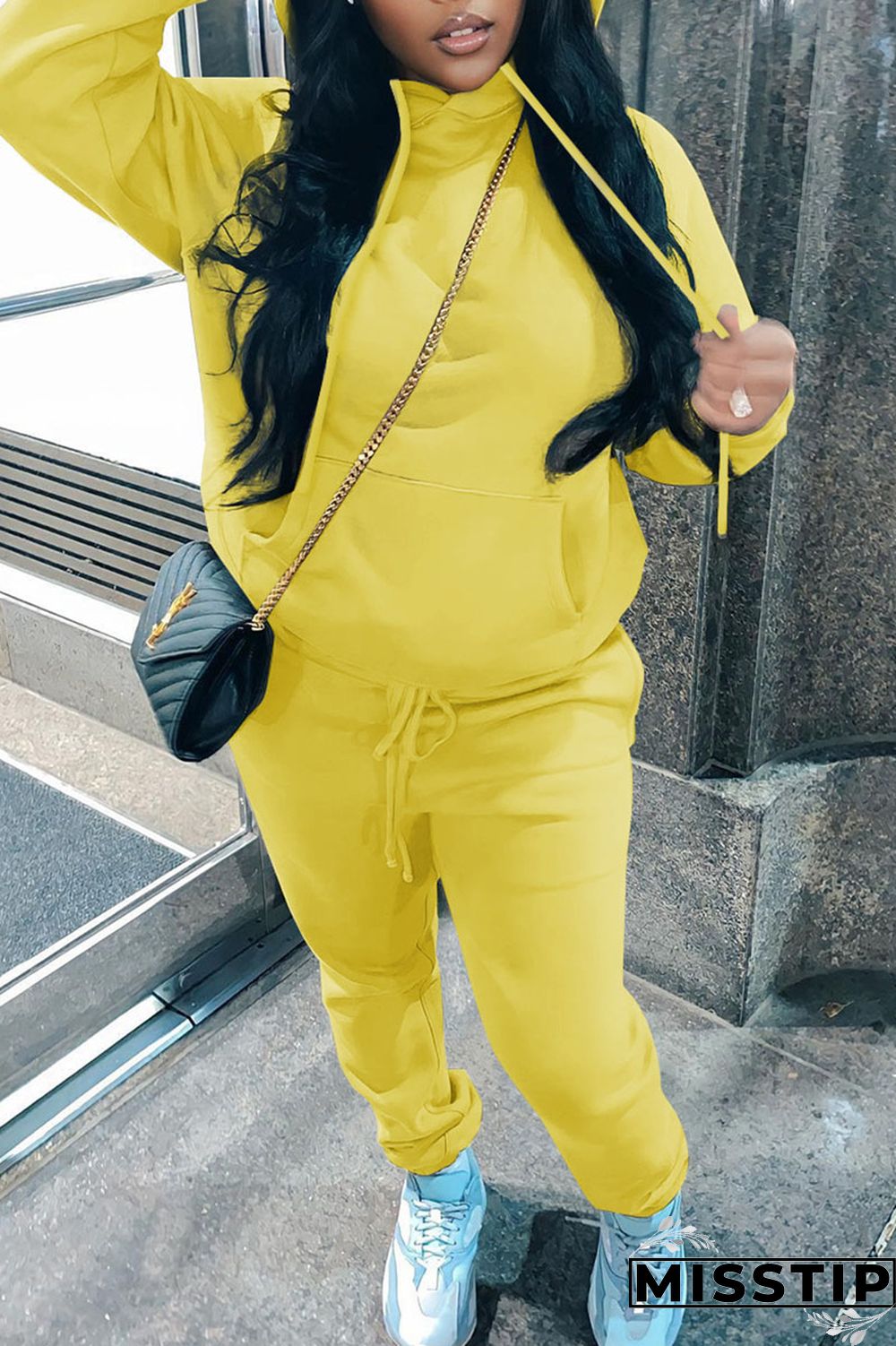 Blue Casual Solid Patchwork Hooded Collar Long Sleeve Two Pieces