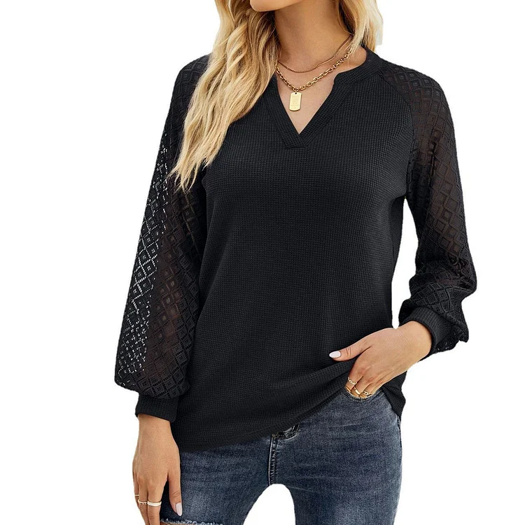 Womens Casual V Neck Solid Lace Long Sleeve Splicing T Shirt Blouse Tops