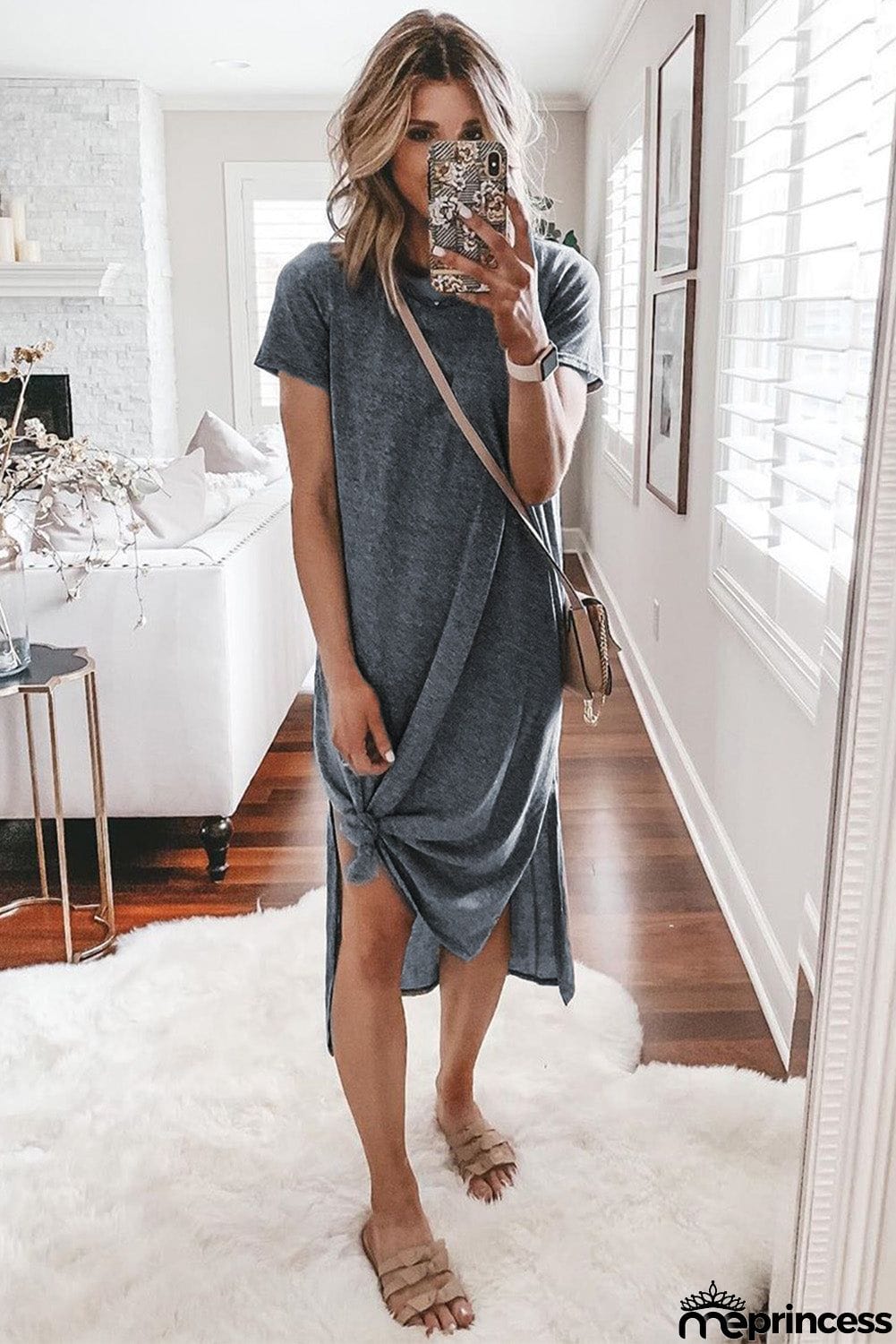 Casual Short Sleeve T-shirt Midi Dress with High Splits
