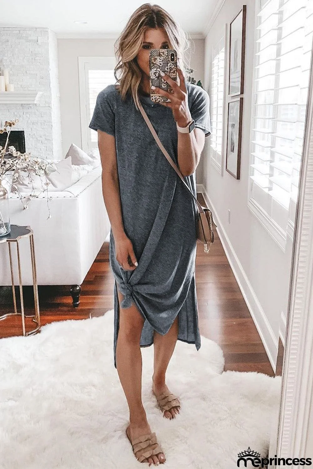 Casual Short Sleeve T-shirt Midi Dress with High Splits
