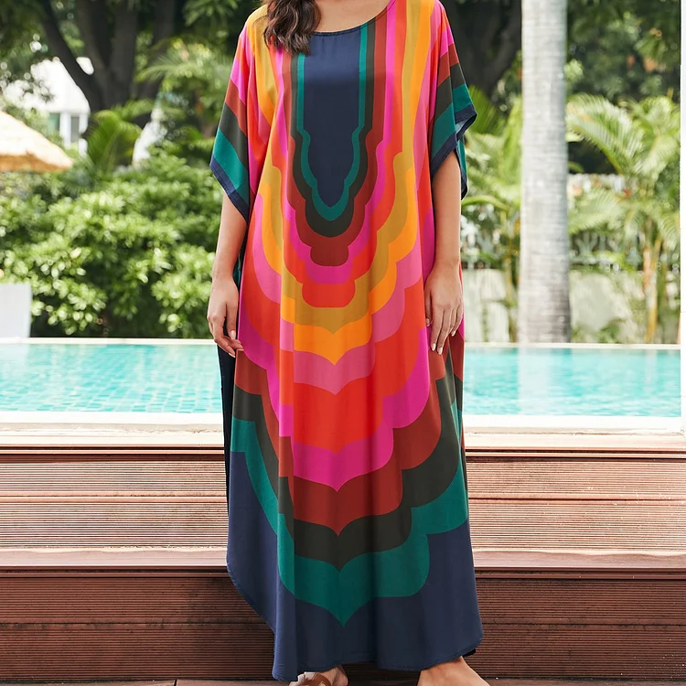 Batwing Sleeves Loose Contrast Color Printed Sun Protection Round-Neck Maxi Dress