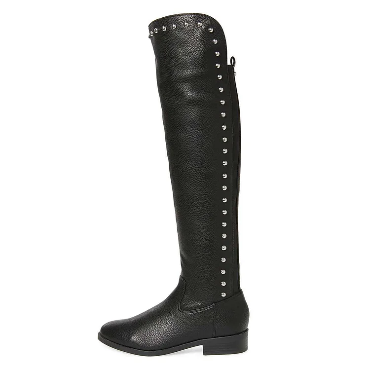 Black Studs Round Toe Flat Long Boots Knee High Boots |FSJ Shoes