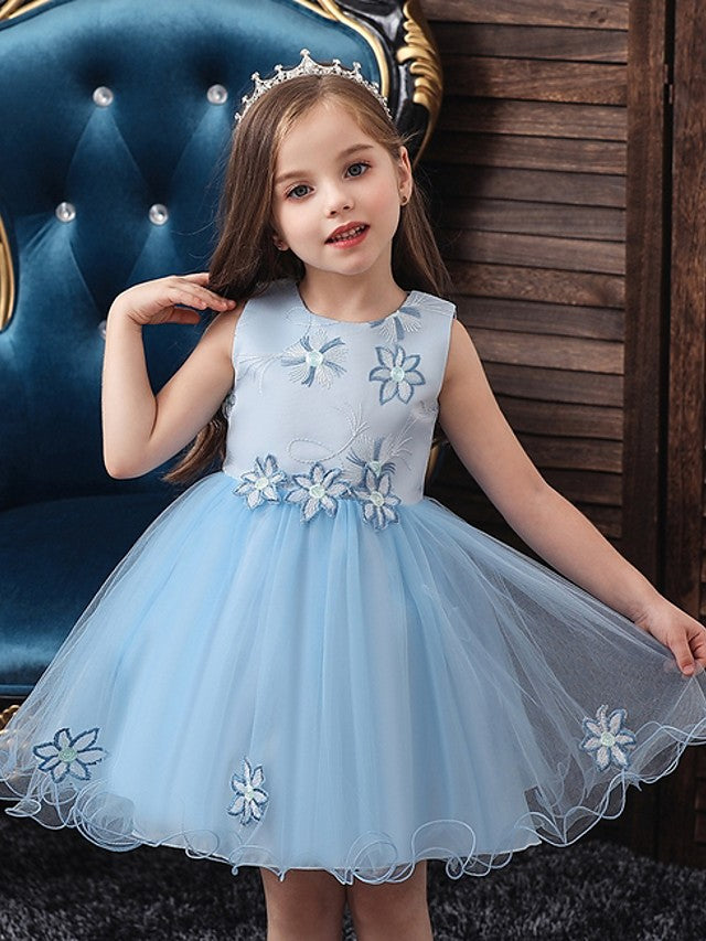 Oknass Ball Gown Sleeveless Jewel Neck Flower Girl Dresses Satin Tulle With Bow Appliques