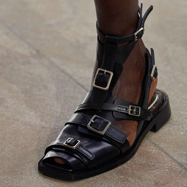 Black Strappy Buckle Pumps Women's Square Peep Toe Block Heel Vintage Loafer Shoes |FSJ Shoes