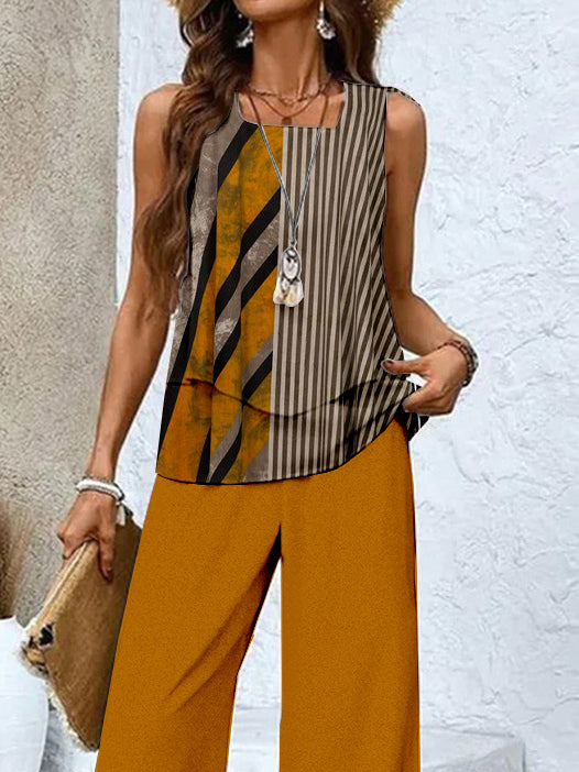 Women's Sleeveless Square Collar Geometric Graphic Printed Casual Set