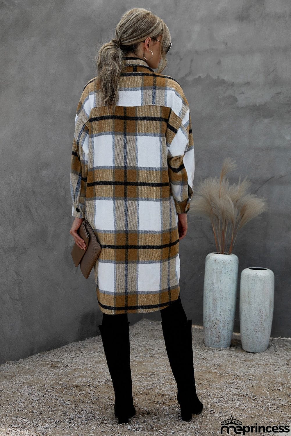 Khaki Turn-down Collar Pocket Button Plaid Coat