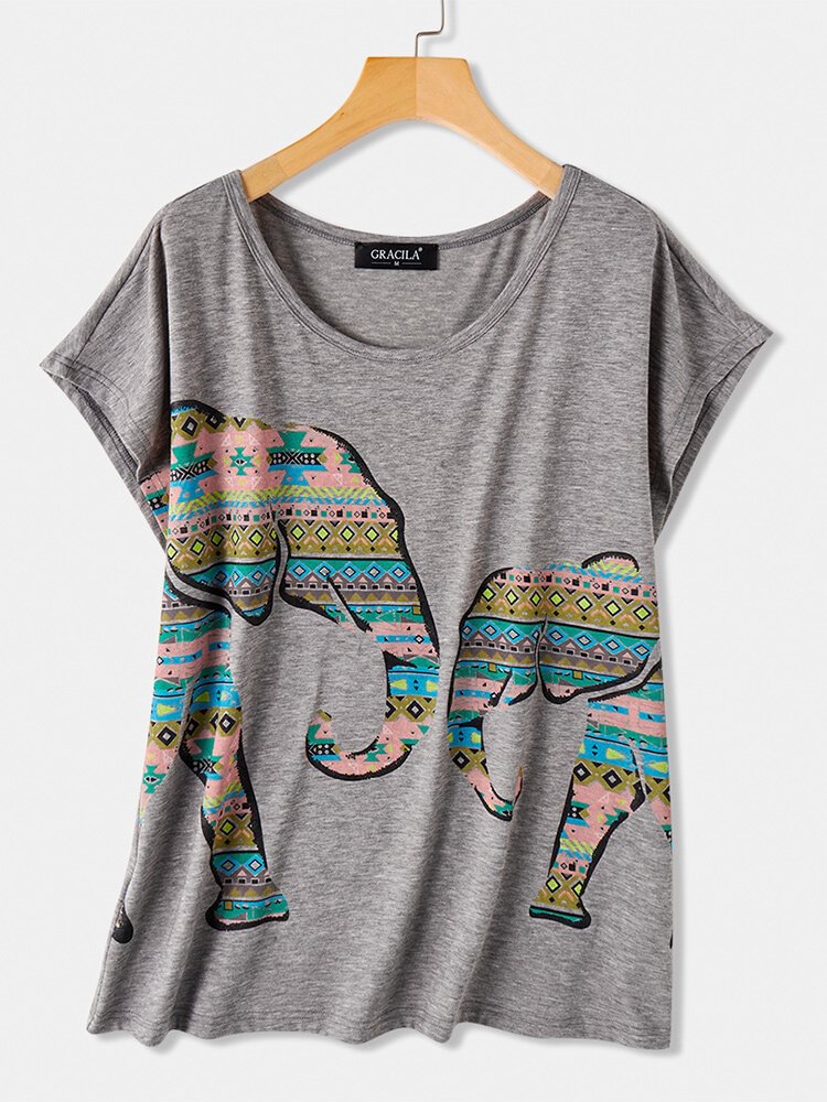 Elephant Print Short Sleeve Women Casual T shirt P1662766