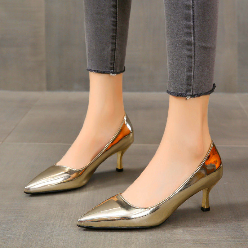Women's silver gold metallic pumps pointed toe kitten heels pumps