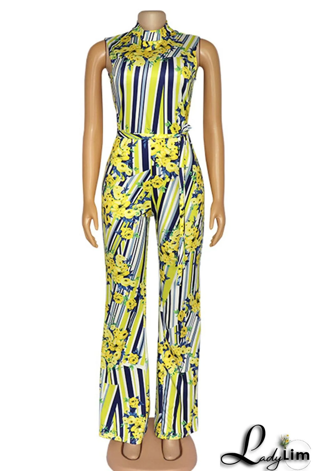 Colour Casual Print Patchwork Half A Turtleneck Straight Jumpsuits