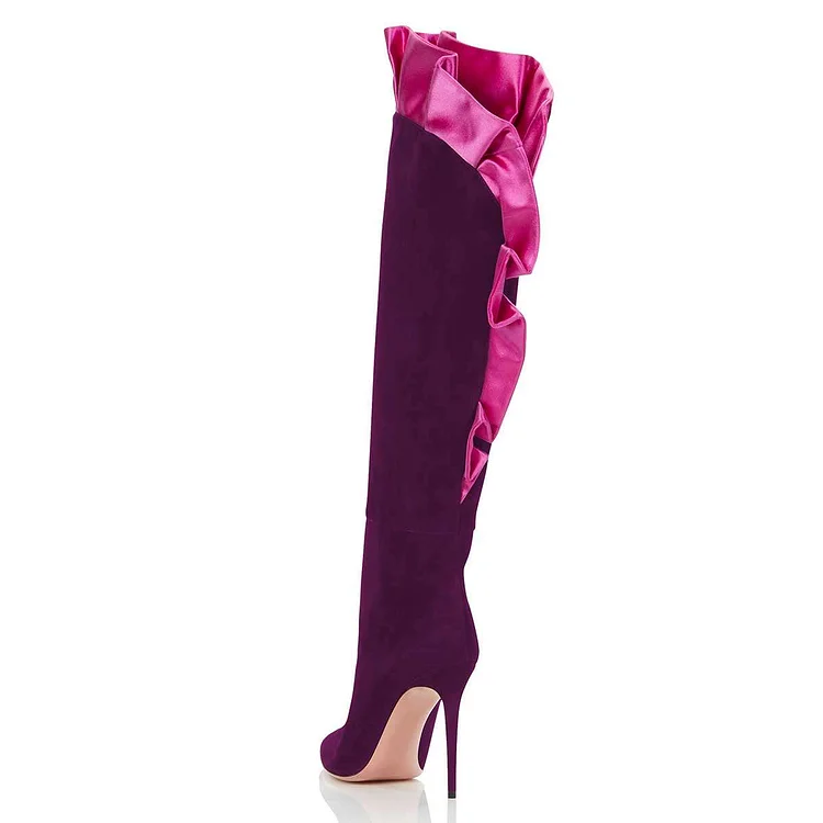 Purple Stiletto Boots Suede Ruffle Pointed Toe Knee High Boots |FSJ Shoes
