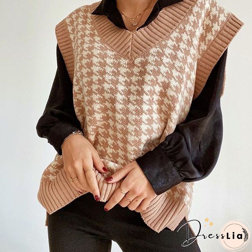 Checkered Cropped Knitted Tank Argyle Sleeveless Jumper