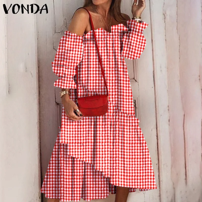 2022 VONDA Summer Sexy Off Shoulder Dress Women Long Sleeve Irregular Hem Lace Pleated Midi Sundress Bohemian Party Beach Robe