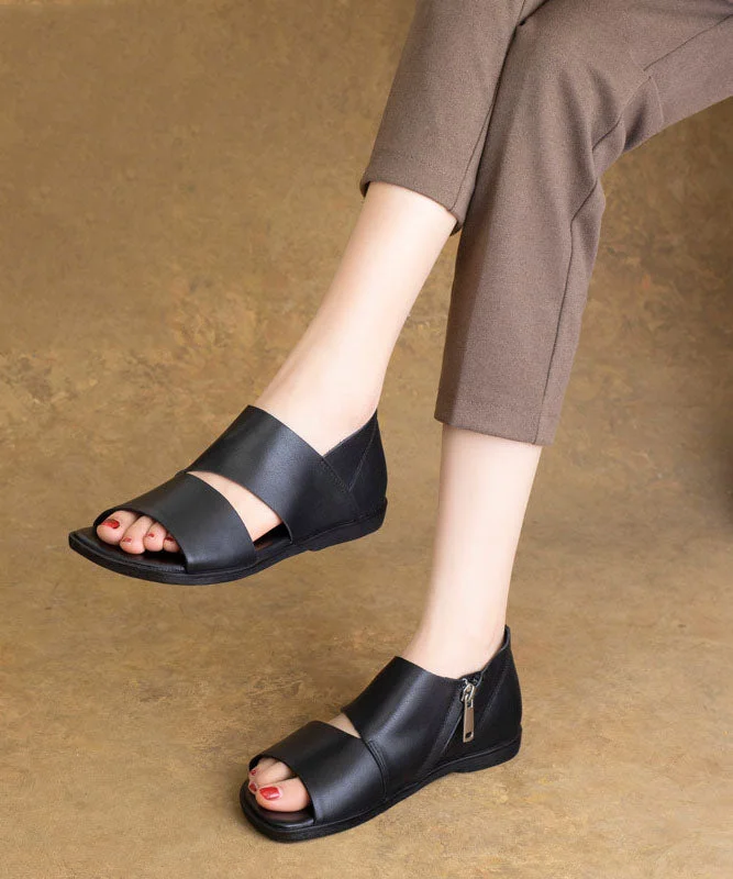 Plus Size Hollow Out Sandals Black Cowhide Leather