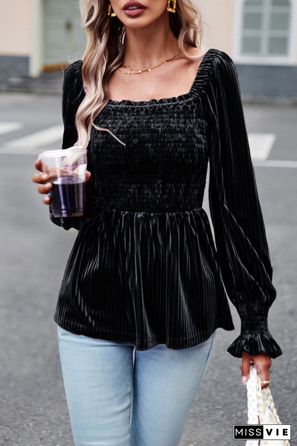 Elegant Solid Fold Square Collar Tops(4 Colors)