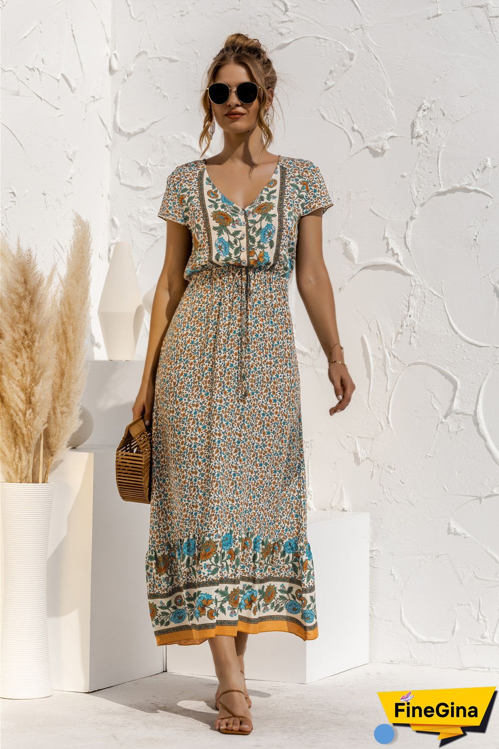 Short Sleeve V Neck Floral Maxi Dress