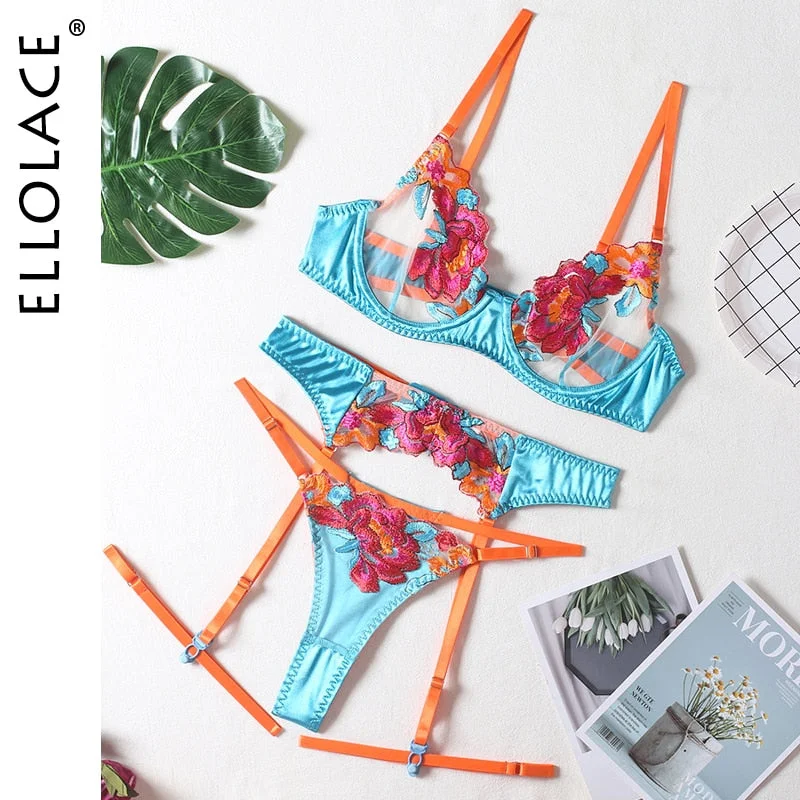 Ellolace Floral Erotic Lingerie Set Woman 3 Pieces Transparent Lace Blue Sexy Underwear Fancy Beautiful Thongs Breves Sets