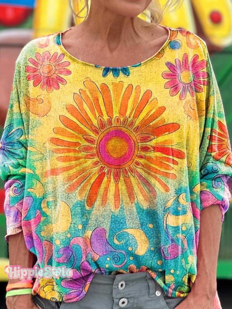 Colorful Flowers Art Print Casual Long Sleeve T-Shirt Multicolor / S