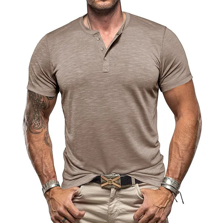 Men's Casual Solid Color Henley Collar Short Sleeve T-Shirt