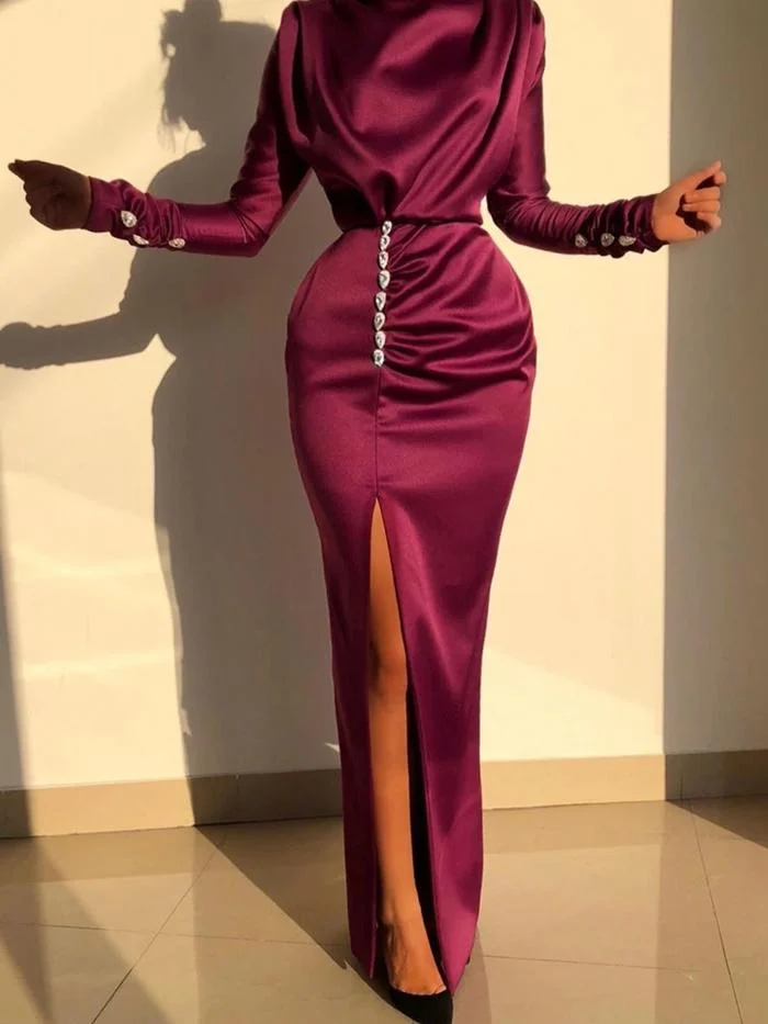 Turtleneck Slit Ruched Elegant Maxi Dress