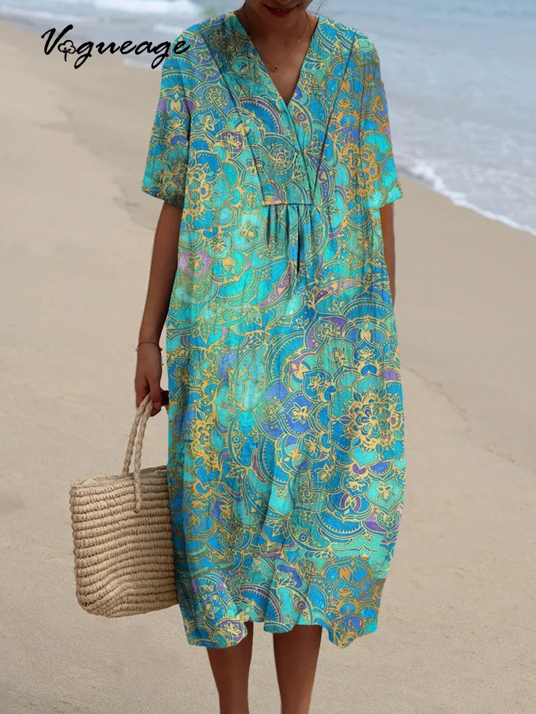 Elegant  And Comfortable Flowers Printed Women's Casual Cotton And Linen Dress