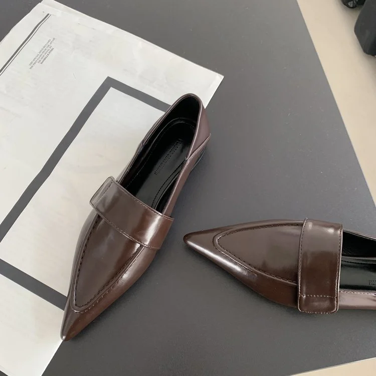 Yyvonne Spring And Autumn New Sharp Head Flat Single Shoes Two-Pin Flat With The British Academy Wind Casual Leather Shoes Women