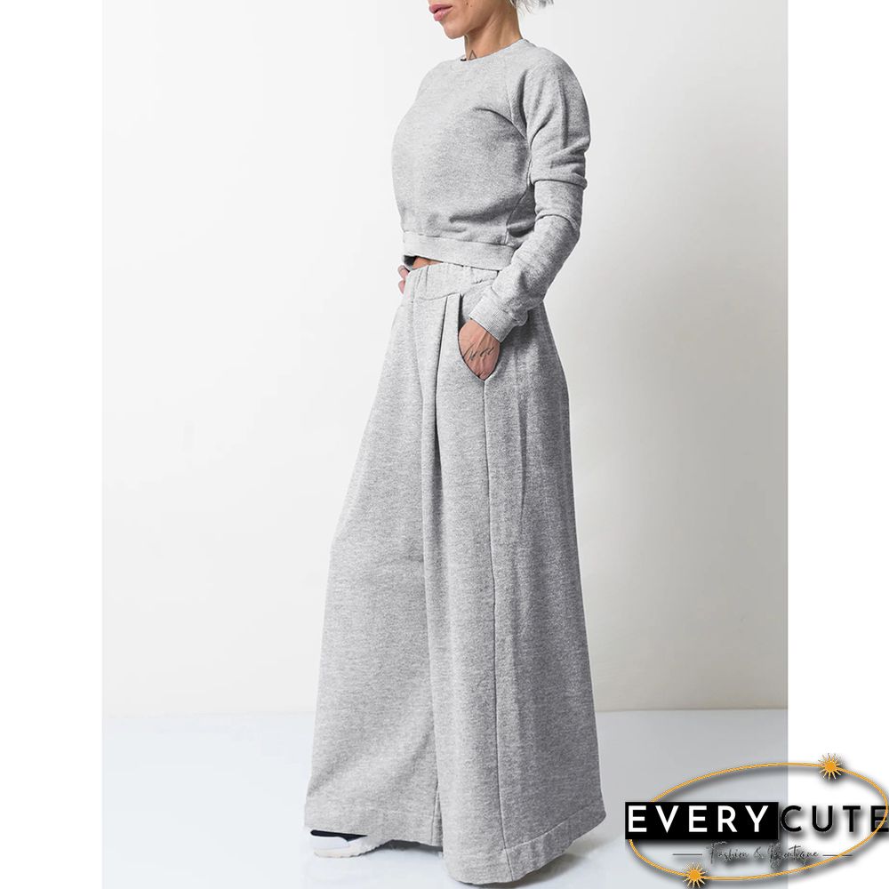 Light Gray Irregular Sweatshirt with Wide Leg Casual Pant Set