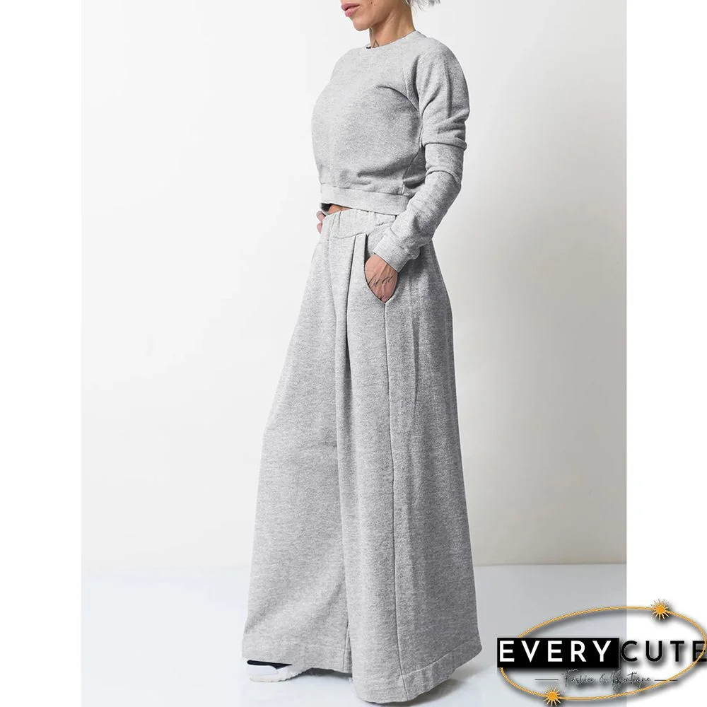 Light Gray Irregular Sweatshirt with Wide Leg Casual Pant Set