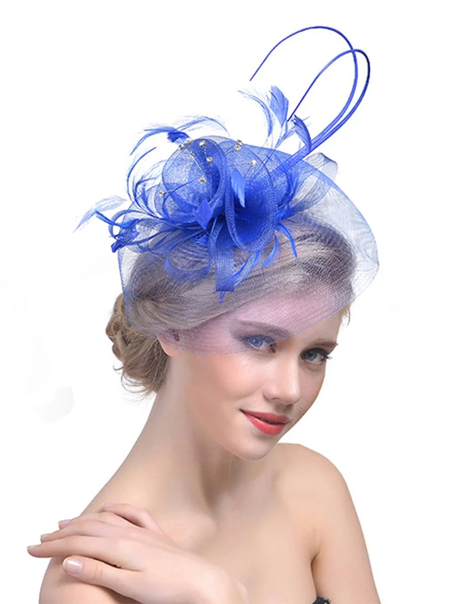 Women Fascinator Hat Jockey Club Banquets Bridal Mesh Party Prom Feathers Headdress