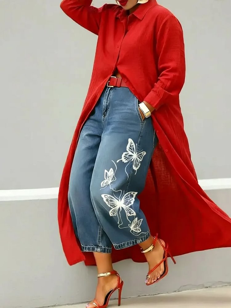 Women's Abstract Art Print Casual Loose Wide-leg Denim Pants