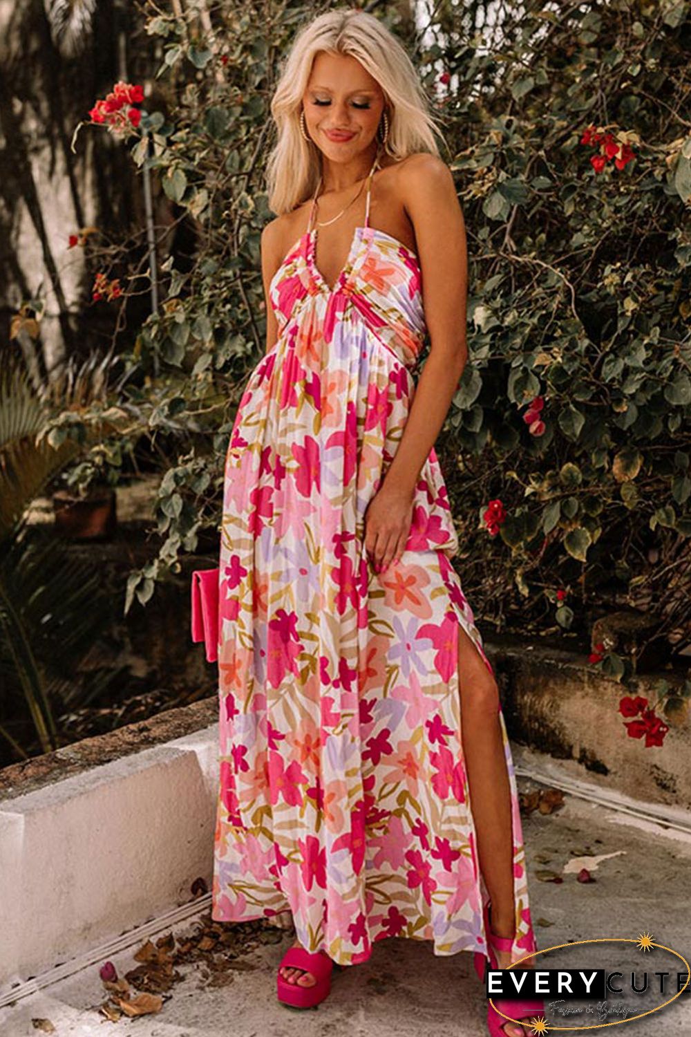 Red Halter Neck Backless Floral Print Maxi Dress with Ties