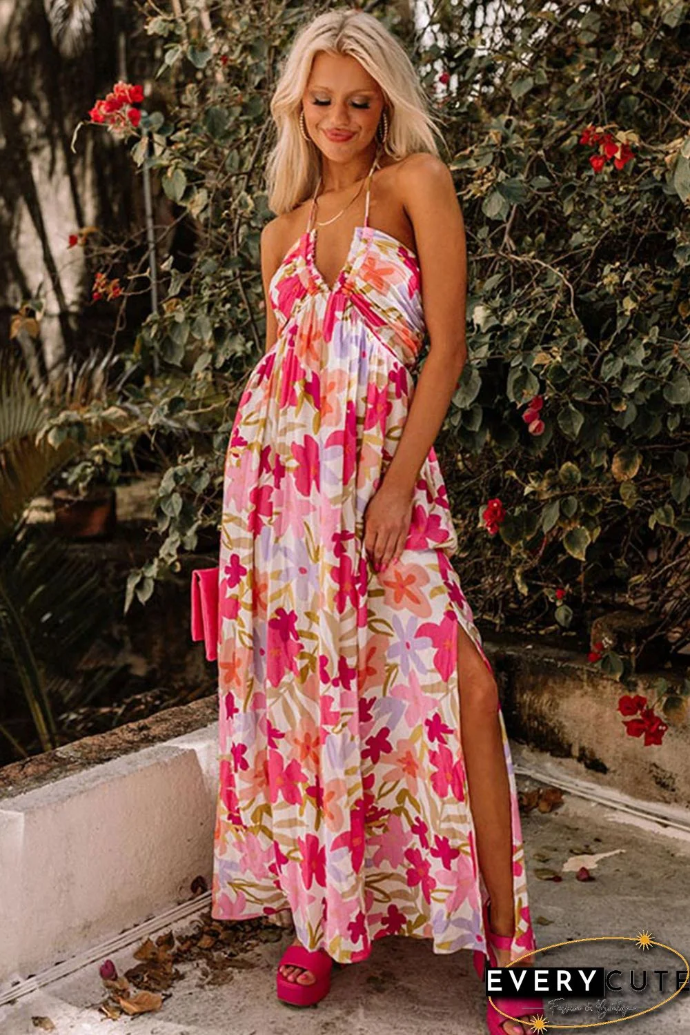 Red Halter Neck Backless Floral Print Maxi Dress with Ties