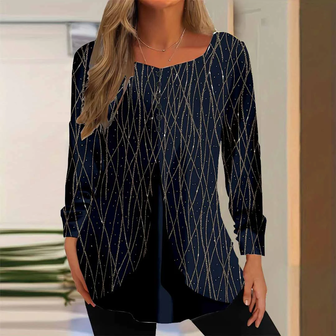 Women Striped,Blue DZGG8261 Long Sleeve Scoop Neck Printed Graphic Button Fake 2in1 Tops