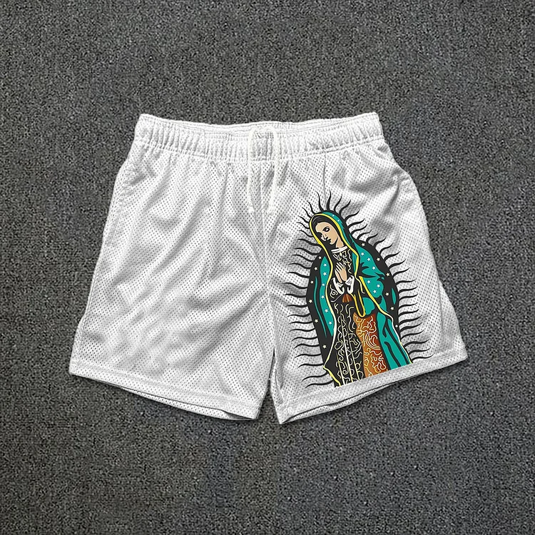 Men's Casual Virgin Mary Print Graphics Mesh Drawstring Shorts