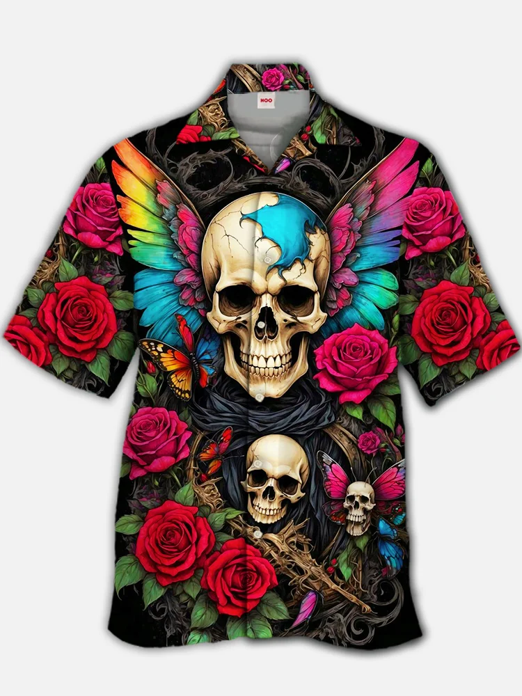 Eye-Catching Skulls With Rainbow Wings And Red Roses Printing Cuban Collar Hawaiian Short Sleeve Shirt BestDVibe